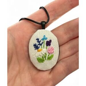 Embroidered Cameo Necklaces with Daisy & Pastel Flowers